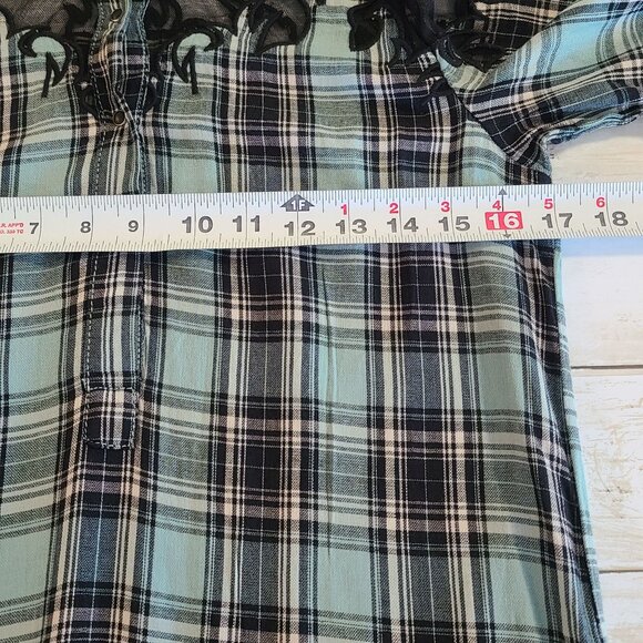 Guess Blue Plaid Drop Waist Dress Oversized Sheer Shoulder Western Grunge XS - Picture 6 of 8